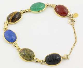   12Karat Gold Filled and Genuine Stone Scarab Bracelet Agate Tigers Eye