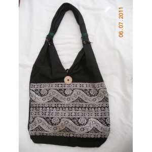 Black Embroidered Boho Cotton Handbag Indian Shoulder Bags  