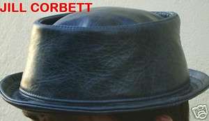 Pork pie hat battered black leather handmade to order XS/S/M/L/XL 