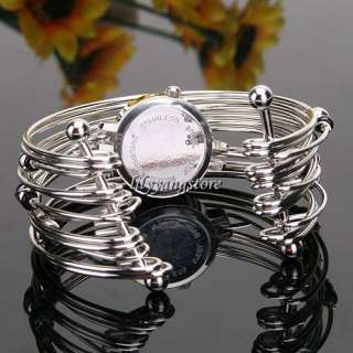 Fashion Lady Charm Bangle Stainless Steel Beads Bracelet Quartz Wrist 