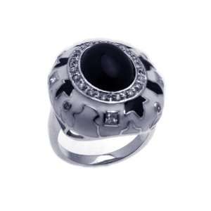  Sterling Silver Black And White Enamel Dome CZ Ring Size 7 