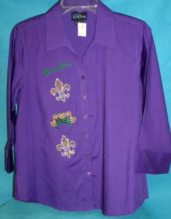 Mardi Gras Purple Shirt Button 3/4 Sleeve W/Rhinestones  