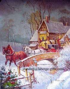 Oil Painting Coach & Horses in Winter Landscape  