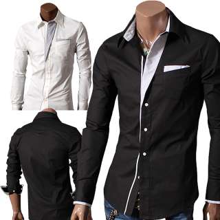   Mens Casual Patch Point Slim dress shirts BLACK/WHITE (DS41)  