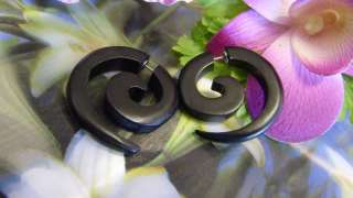 Spiral Organic Fake Gauges Wood Earrings Black  