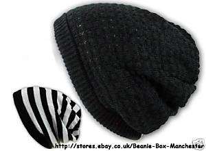 Black honeycomb reversible slouchy tube beanie hat  