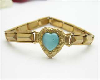LIGHT BLUE HEART Expansion BRACELET Vintage Goldtone Costume Jewelry 