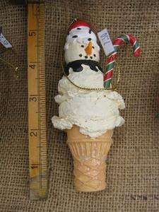 Snowman Ice Cream Cone Candy Cane Ornament  