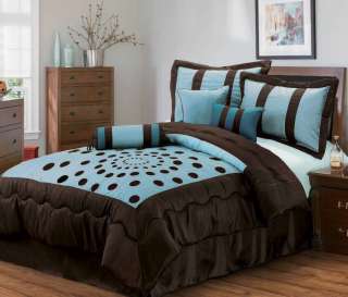   Dots Flocking Faux Silk Blue/ Brown Comforter Set w/ Curtain KING SIZE