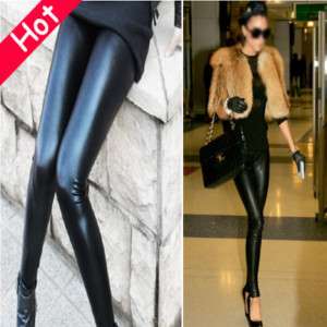 Black leather Leggings Tight Shiny Women Pants PU Silk  
