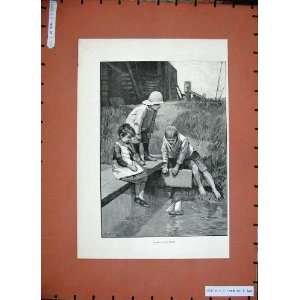  1888Antique Fine Art Little Children Playing Boat River 