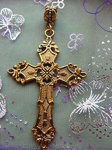 Large Antiqued Gold Cross Pendant Ornate 2 1/2 Inches Long Flat Back 