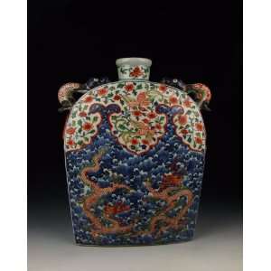 Five Colored and Blue Underglaze Decoration Porcelain Square Flat Vase 
