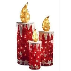   of 3 Sparkling Red Sisal Candle Lighted Christmas Yard Art Decorations