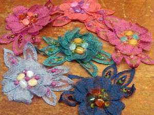 Embroidered SHEER Bead 2.5x5 APPLIQUE Lg FLOWER LEAVES  