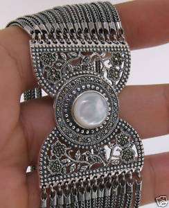 Marcasite Sterling Silver Wide Multi Strand Mother of Pearl Bracelet 