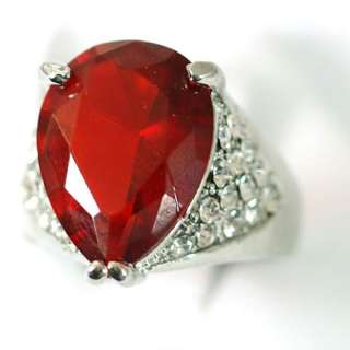   18K White GP Teardrop Red Ruby Gemstone CZ Ring Fashion Jewelry  