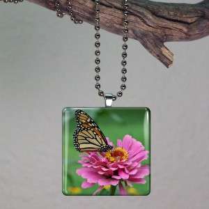 Butterfly on Flower Glass Tile Necklace Pendant 238  