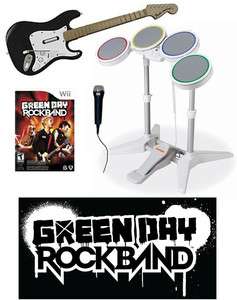 Wii ROCK BAND GREEN DAY Game w/Drums/Guitar/Mic Bundle set kit 