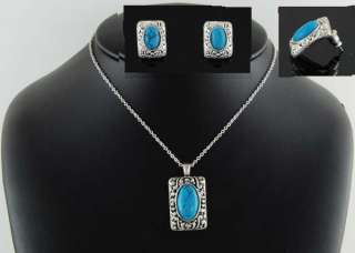 Antiqued Silver Turquoise Southwest Necklace & Earring Set  