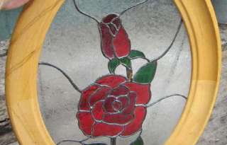 oval stain glass deep red roses set into maple wood frame one 
