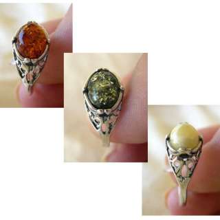   , GREEN or HONEY AMBER STERLING SILVER SOLITAIRE RING VARIOUS SIZES