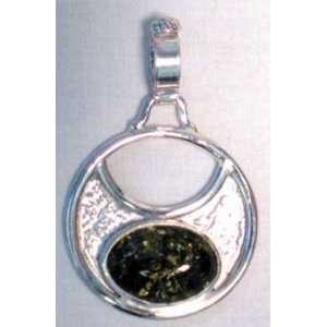   Sterling Silver Cresent Moon With Green Amber Stone 