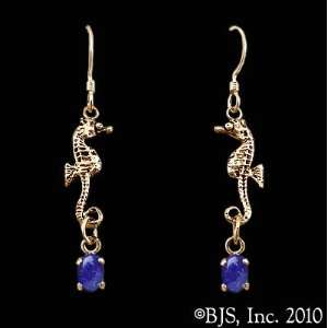 Seahorse Earrings with Gem, 14k Yellow Gold, Lapis Lazuli set gemstone 