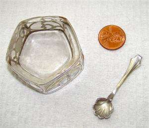 ANTIQUE OPEN SALT CELLAR bowl dish dip + SPOON SET~STERLING SILVER 