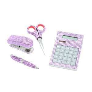 Purple Crystal Office Supply Set Scissor, Calculator, Stapler & Pen 