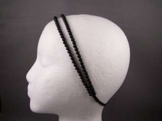 Black faux pearl beaded stretch elastic double headband  
