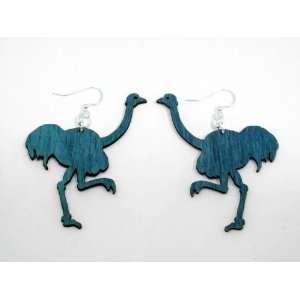  Teal Ostrich Bird Wooden Earrings GTJ Jewelry