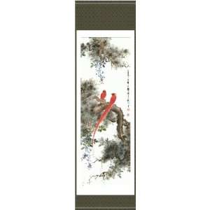  Chinese Art   Wall Scroll Painting   Pair of Exotic Red 