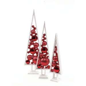 Set of 3 Mod Holiday Glittery White and Red Christmas Ornament Trees 