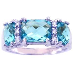 14K White Gold Octagon Three Stone Ring with Diamonds Swiss Blue Topaz 