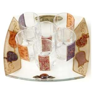 Glass Wine Cup Set with Tray, Six Cups and Floral Pattern  