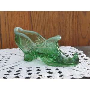   Green Opalescent Glass Victorian High Heel Rose Slipper Curled Toe