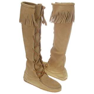 Womens Minnetonka Moccasin Front Lace KneeHi Boot Tan Shoes 