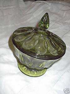 2pc Pedestal Candy Dish/Lid Vintage Avocado Green Glass  