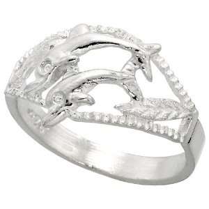  Sterling Silver Diamond Cut Double Dolphin Ring, size 6 