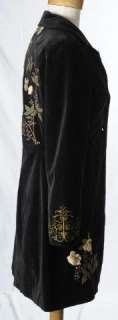 Cabi Satin Black Velour Velvet Floral Flower Embroidered Long Blazer 