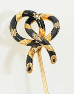 Victorian 18 Ct Gold Diamond Enamel Bow Hat Pin c1890  