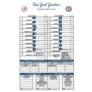  Yankees at Rangers 8 10 2010 Game Used Lineup Card 