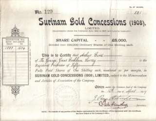 Suriname Bond 1909 Surinam Gold Concessions (1908) 50 shares 