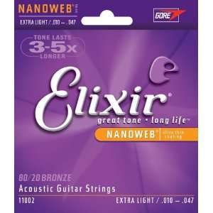 Elixir Strings Acoustic Guitar Strings, 6 String, Extra Light NANOWEB 