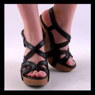 NEW WOMENS BLACK STRAPPY HIGH HEEL WEDGE ANKLE STRAP SANDAL  