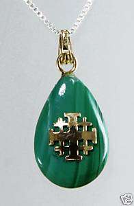 Malachite stone pendant , 14k gold jerusalem cross  