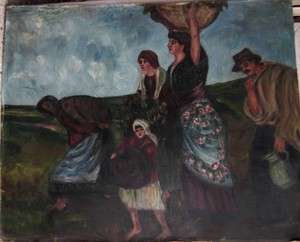 1933 L. SIL – CZECH   LARGE OIL PAINTING COUNTRY PEOPLE FARMERS 