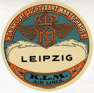 KLM Airline to LEIPZIG GERMANY   Luggage Label, 1935  