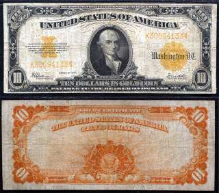 Fr. 1173 $10 1922 Gold Certificate Very Fine VF Free Insured Shipment 